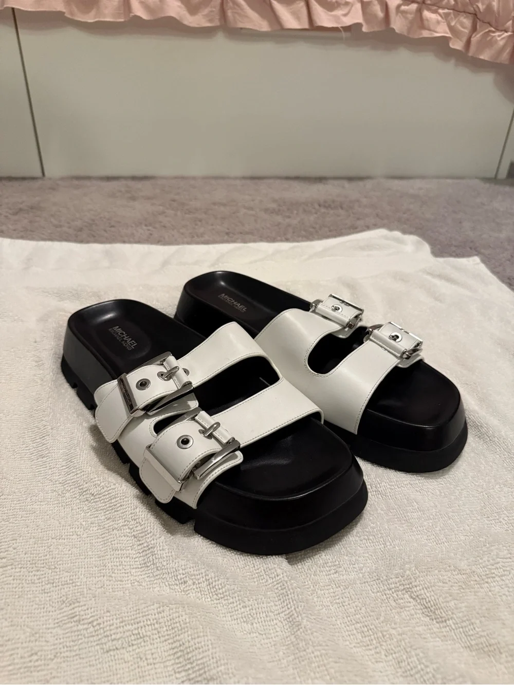 MICHAEL Michael Kors White Leather Double-Buckle Platform Sandals